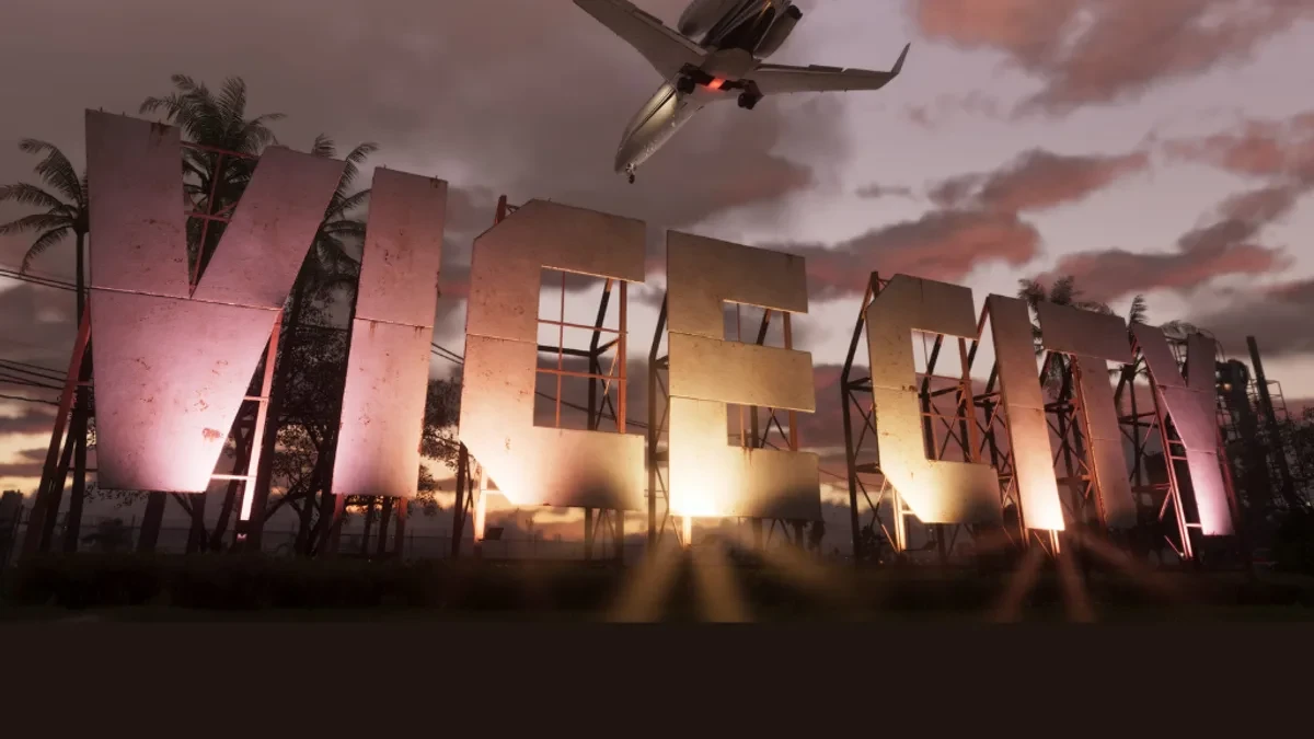 Tampilan visual papan tanda Vice City dalam game GTA VI rincian buatan Rockstar Games