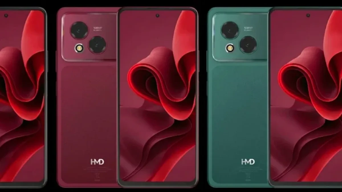 Bocoran desain HP HMD Vibe 2 Max dalam tiga varian warna yaitu merah, hitam, dan hijau