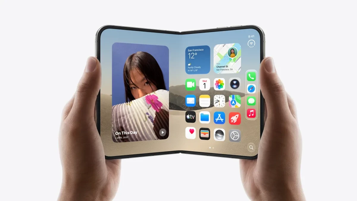 Desain iPhone Duo varian Starwhite dengan mekanisme layar lipat Apple