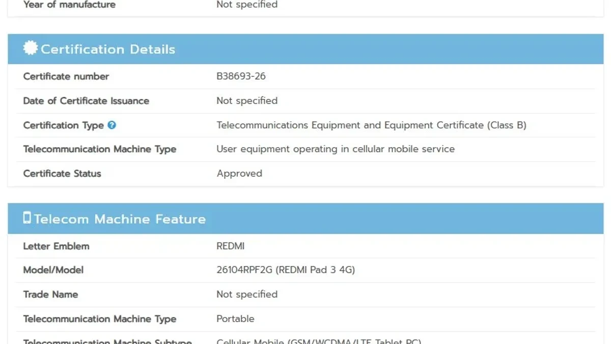 Sertifikasi NBTC Redmi Pad 3 4G