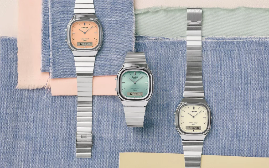 Dial biru muda berlapis sunray pada Casio AQ-240E-2A