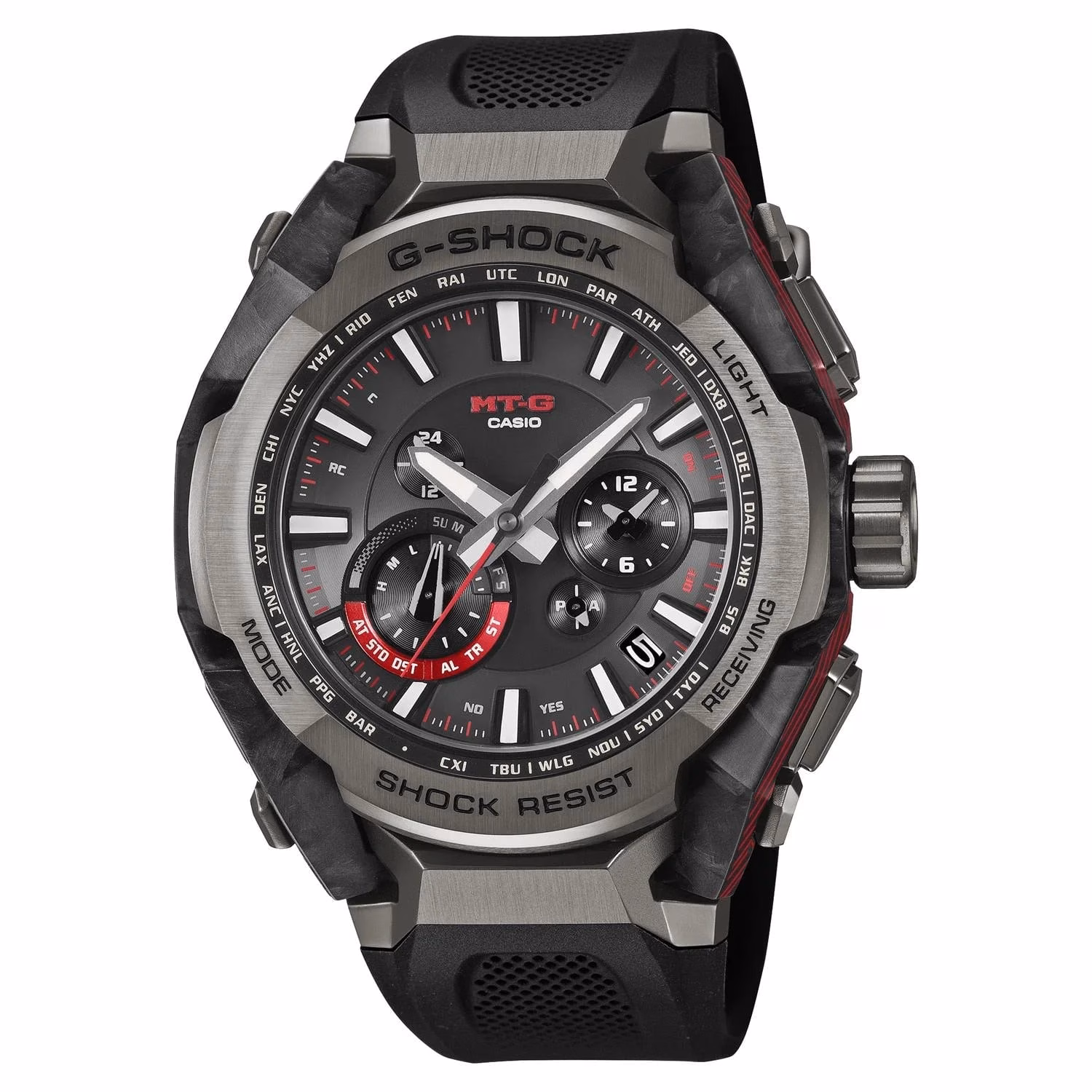 Layar jam Casio G-Shock MTG-B4000B-1A dengan aksen merah dan kristal safir
