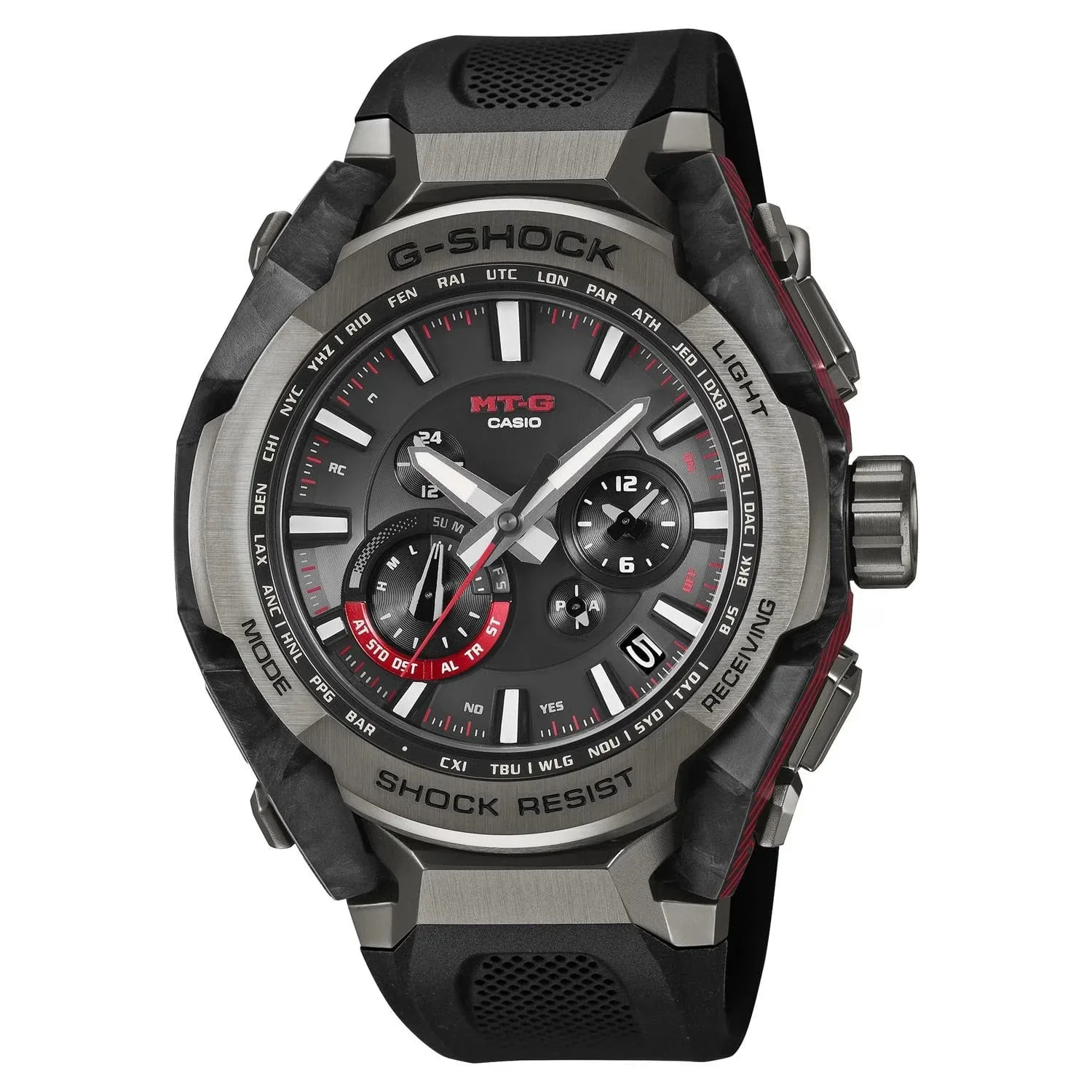 Layar jam Casio G-Shock MTG-B4000B-1A dengan aksen merah dan kristal safir