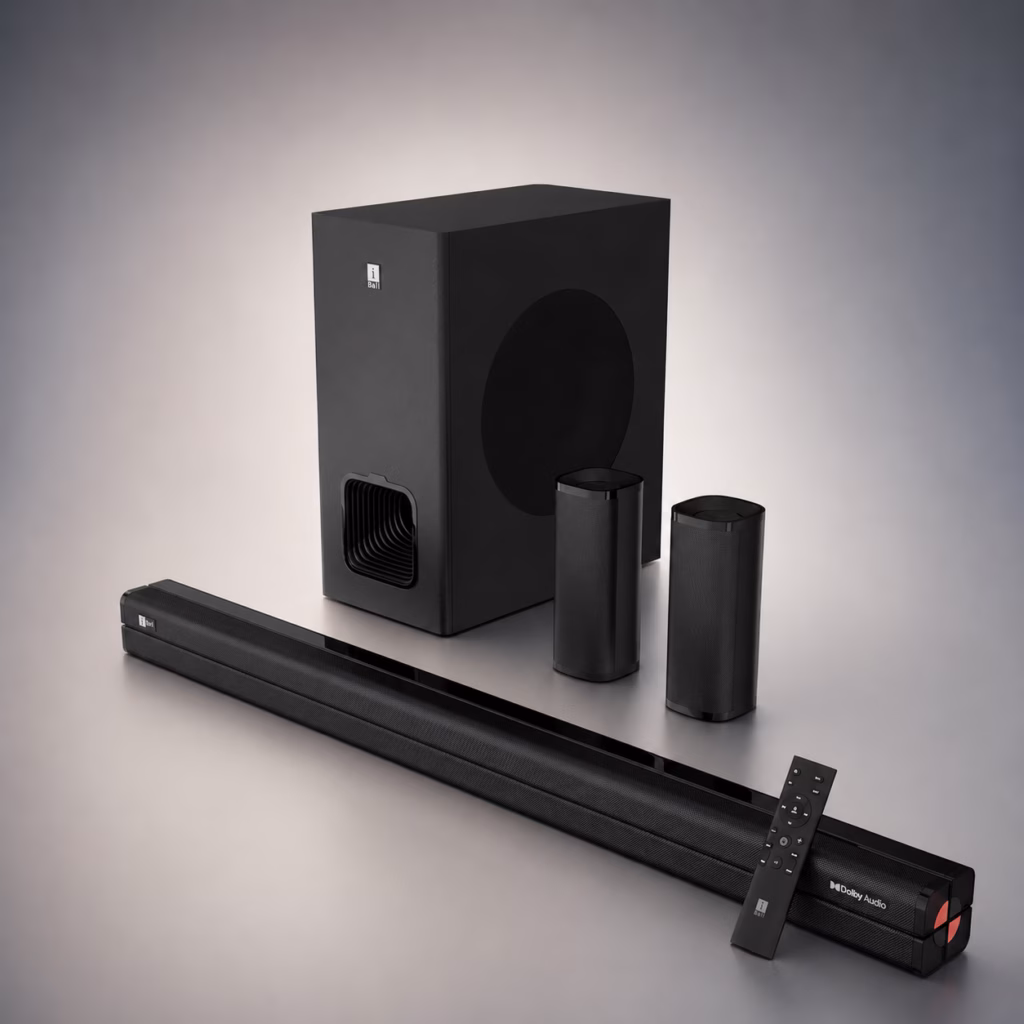 Desain modern iBall Cinebar 560 dengan finishing gloss dan mesh perforated