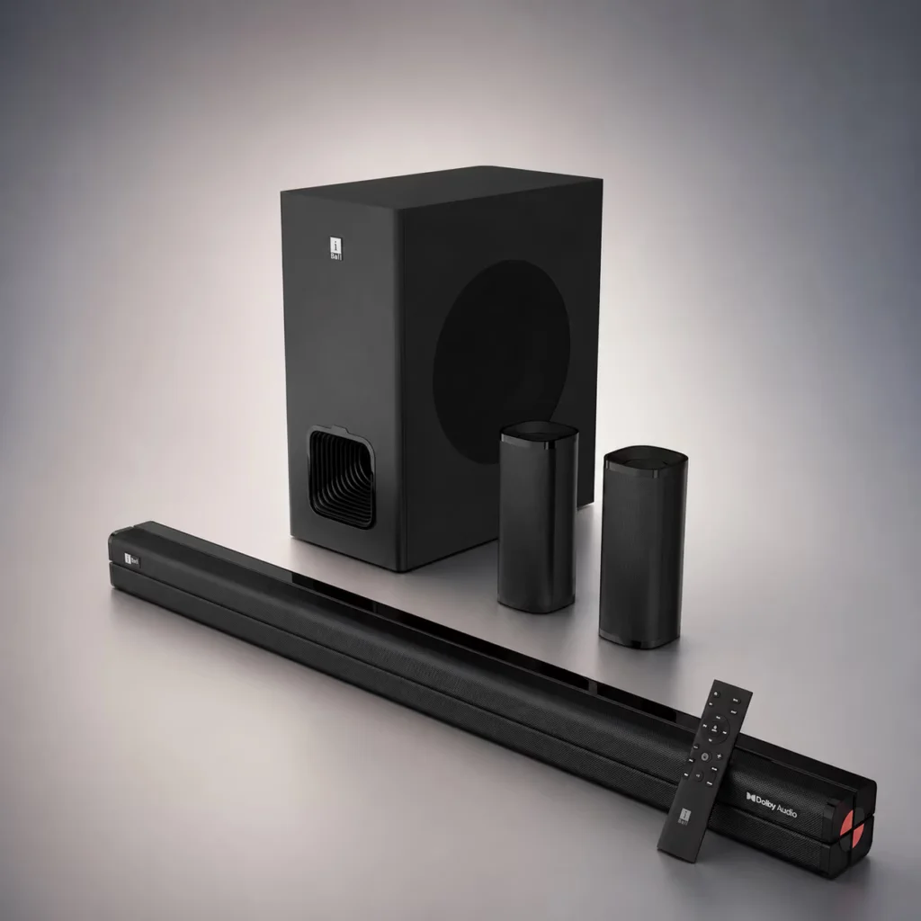 Desain modern iBall Cinebar 560 dengan finishing gloss dan mesh perforated