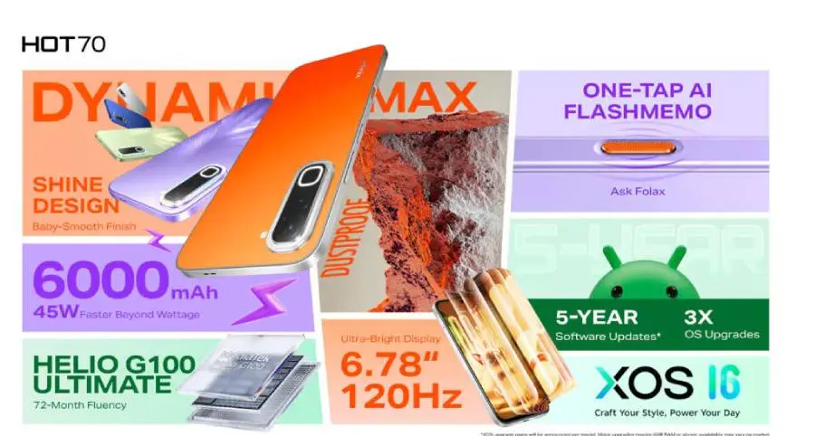 Infinix Hot 70 dengan Panel Belakang yang Berubah Warna, Layak Coba? 3 Layar IPS LCD 6,78 inci dengan refresh rate 120Hz