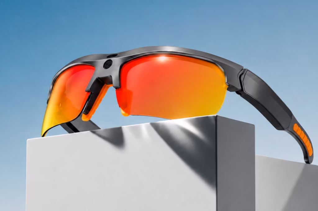 Kacamata pintar Rollme VistaView AI berwarna Blazing Orange dengan lensa polarized untuk aktivitas outdoor