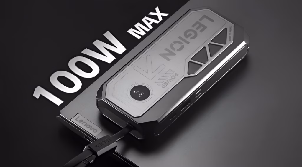 Desain power bank Lenovo Legion P5 dengan tema mech dan kabel USB-C built-in