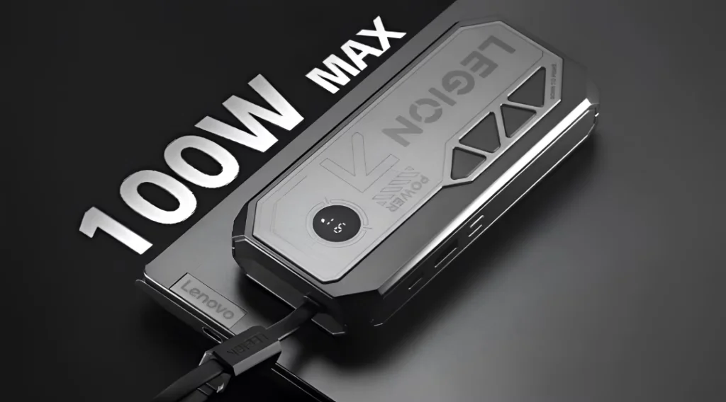 Desain power bank Lenovo Legion P5 dengan tema mech dan kabel USB-C built-in