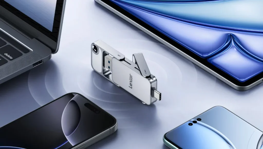 Desain metal Lexar D70E dengan mekanisme flip untuk konektor USB