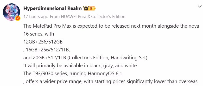 Baterai besar 10.400mAh pada Huawei MatePad Pro Max dengan dukungan pengisian cepat 100W