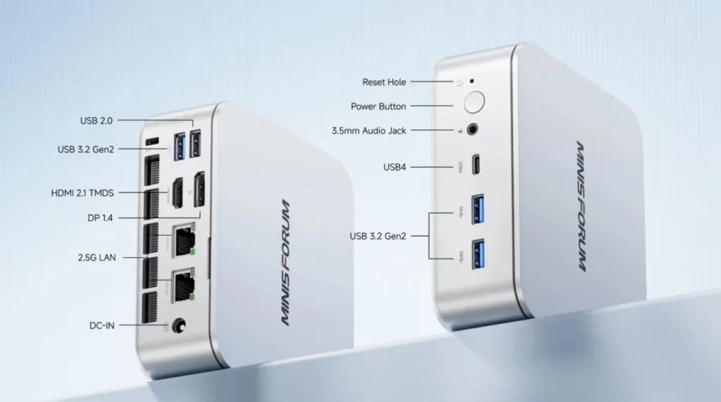 Port konektivitas lengkap Minisforum M2 mendukung Wi-Fi 7 dan dual Ethernet 2.5 Gigabit