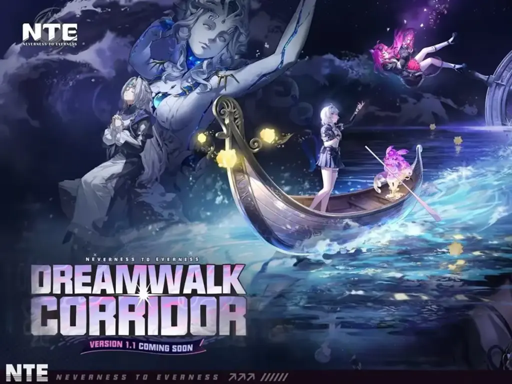 Screenshot gameplay NTE 1.1 Dreamwalk Corridor dengan karakter baru dan pemandangan Sunward Island