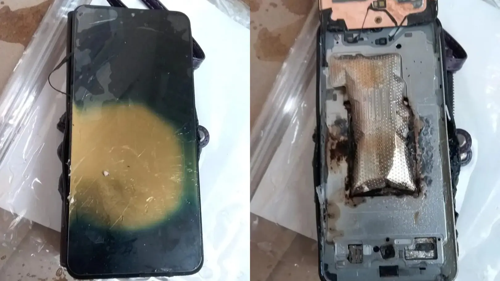 Samsung Galaxy S25 FE yang mengalami kerusakan akibat ledakan baterai saat pengisian daya