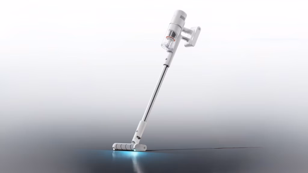 Xiaomi Mijia Wireless Vacuum Cleaner 4 dengan fitur lampu biru pendeteksi debu halus di lantai.
