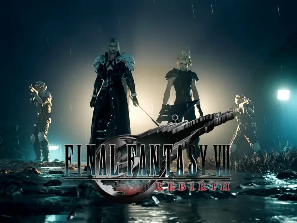 Sampul Final Fantasy 7 Rebirth versi Switch 2 dengan latar belakang kota dan karakter utama