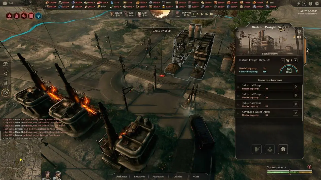 Tangkapan layar gameplay New Cycle yang menunjukkan infrastruktur kereta api dan pabrik dalam kota (Photo: New Cycle)