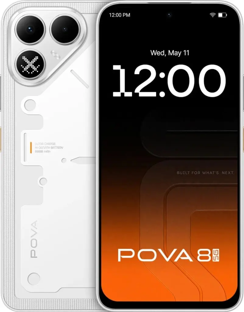 Tecno Pova 8 5G dengan desain warna putih dan layar besar